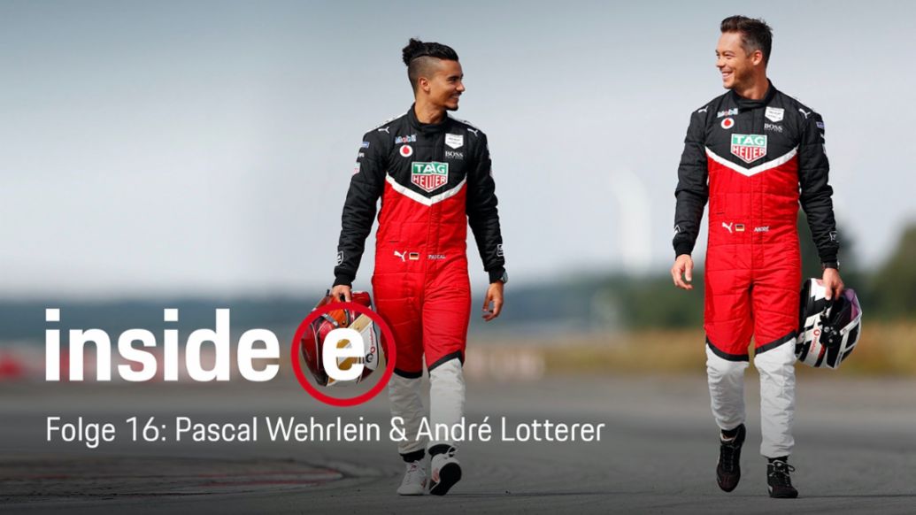 Pascal Wehrlein, André Lotterer, l-r, „Inside E“-Podcast, 2020, Porsche AG