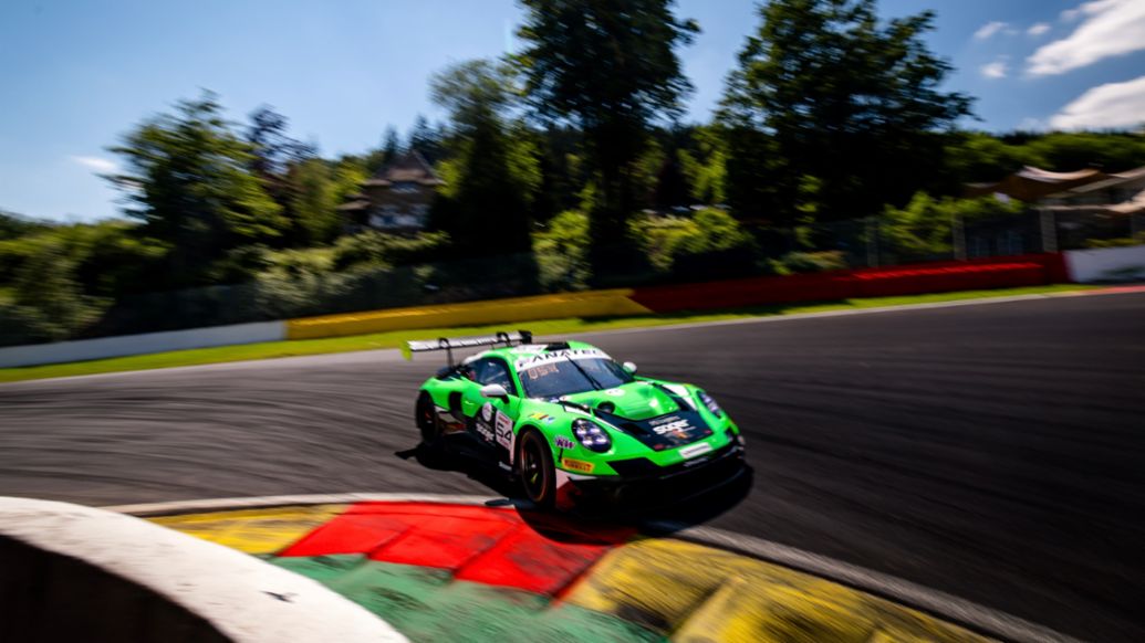 Porsche 911 GT3 R, Dinamic GT (#55), Theo Nouet (F), Jop Rappange (NL), Marius Nakken (N), Axel Blom (FIN), 24h Spa-Francorchamps, Belgium, 2024, Porsche AG