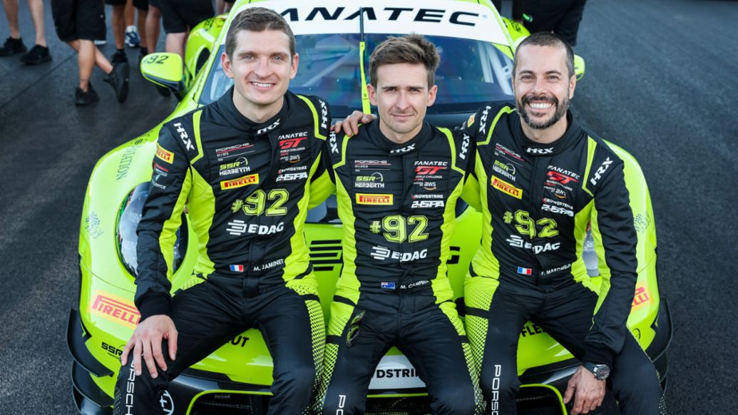 Mathieu Jaminet (F), Matt Campbell (AUS), Frederic Makowiecki (F), SSR Herberth (#92) (l-r),  24 Hours of Spa-Francorchamps, Spa, Belgium, 2024, Porsche AG