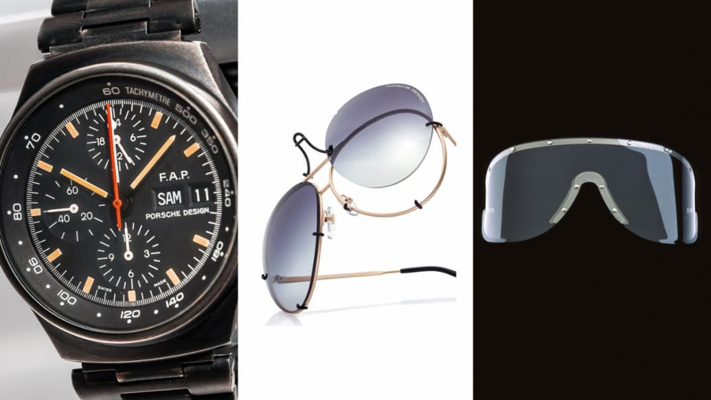 Chronograph I (1972), gafas de sol P&rsquo;8478 (1978), Sport Shield P&rsquo;8479 (1979), Porsche Design