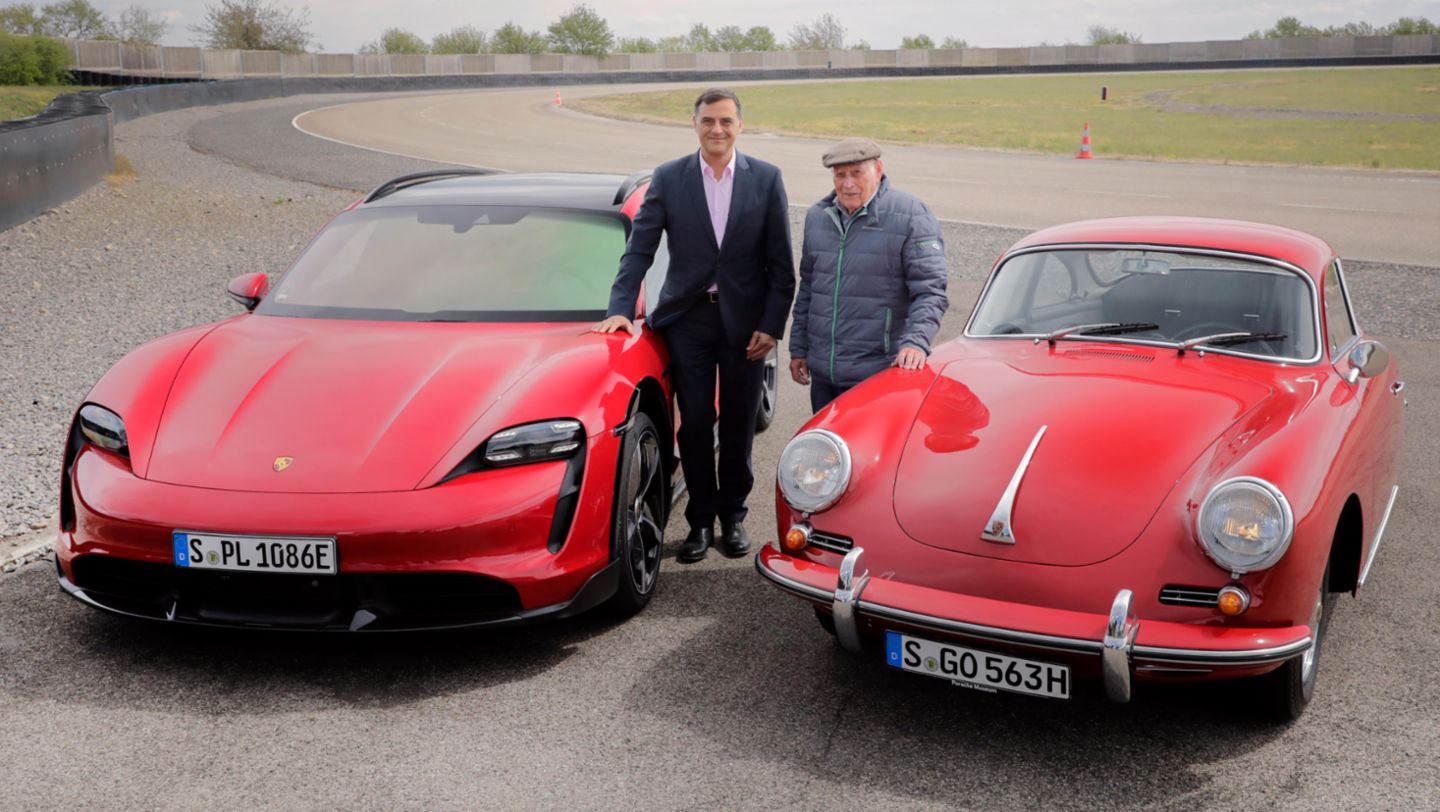 Michael Steiner, Head of Research and Development at Porsche AG, Herbert Linge, Porsche legend and born in Weissach, on the Skid Pad, Weissach, 2021, Porsche AG