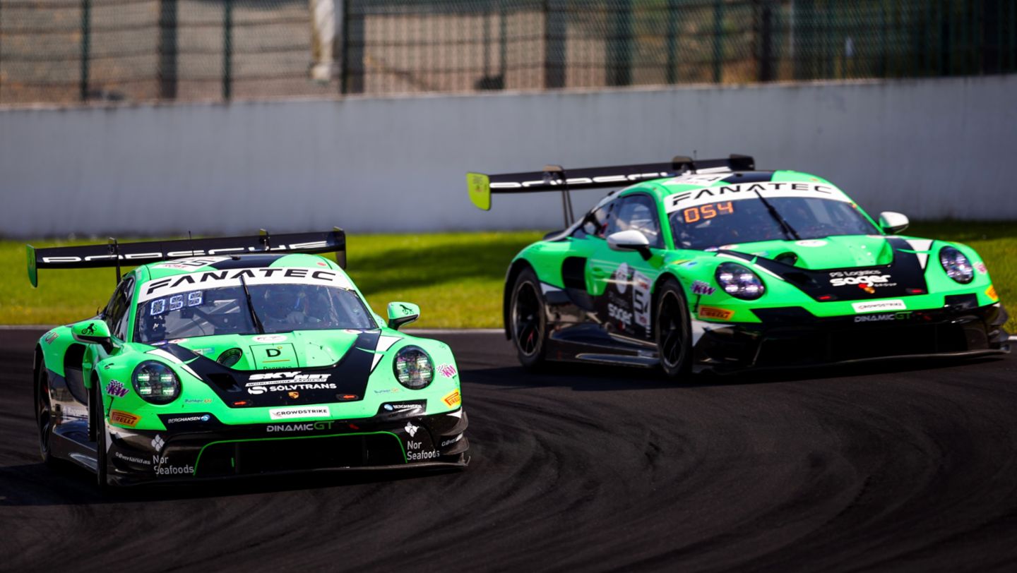 Porsche 911 GT3 R, Dinamic GT (#55), Theo Nouet (F), Jop Rappange (NL), Marius Nakken (N), Axel Blom (FIN), Dinamic GT (#54), Philipp Sager (A), Guilherme Moura de Oliveira (P), Christopher Zöchling (A), Marvin Dienst (D), 24h Spa-Francorchamps, Belgium, 2024, Porsche AG