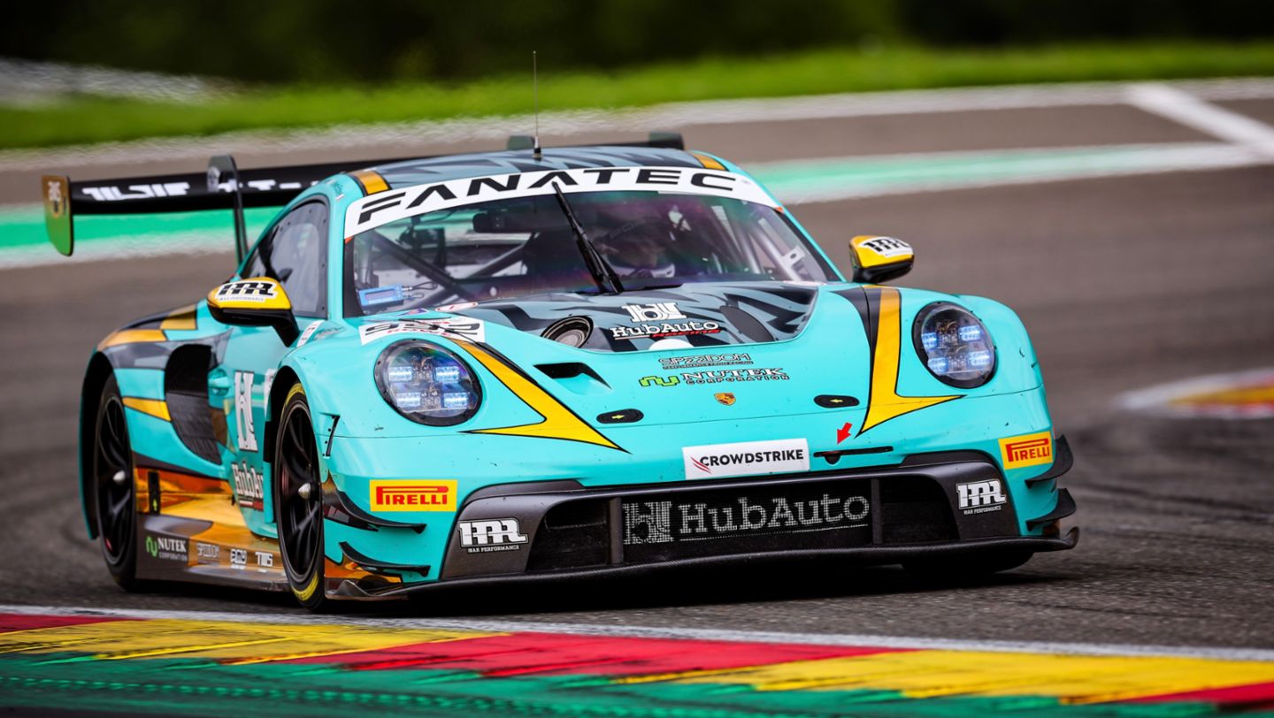 Porsche 911 GT3 R, HubAuto Racing (#992), Kévin Estre (F), Patrick Pilet (F), Laurens Vanthoor (B), 24h Spa-Francorchamps, Belgium, 2024, Porsche AG