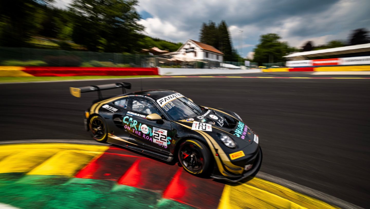 Porsche 911 GT3 R, Schumacher CLRT (#22), Dorian Boccolacci (F), Ayhancan Güven (TR), Laurin Heinrich (D), 24h Spa-Francorchamps, Superpole, Belgium, 2024, Porsche AG