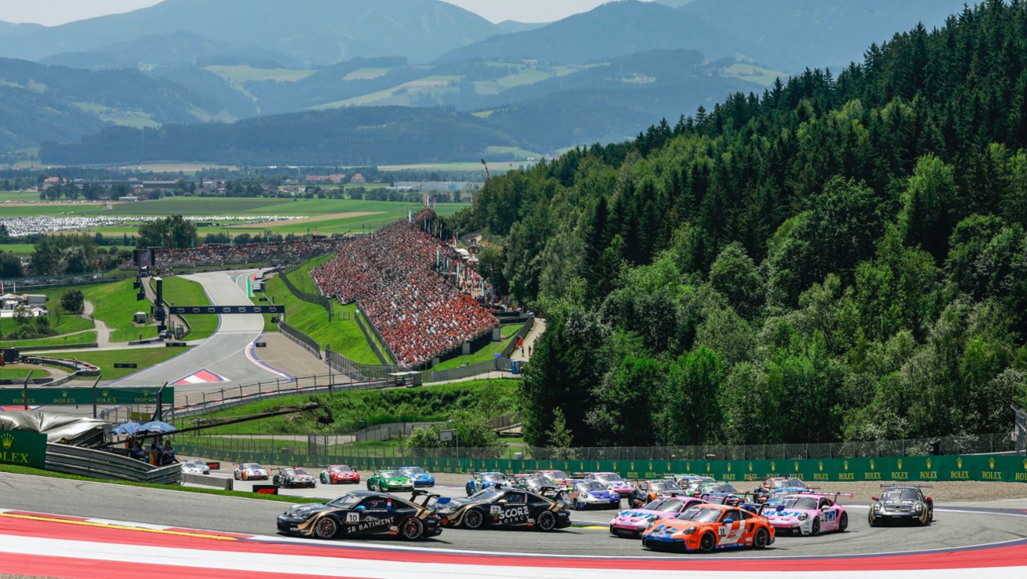 Schumacher CLRT (#10), Marvin Klein (F), Schumacher CLRT (#12), Larry ten Voorde (NL), Ombra (#18), Keagan Masters (ZA), BWT Lechner Racing (#1), Harry King (UK), Start, Porsche 911 GT3 Cup,  Porsche Mobil 1 Supercup 2024, Spielberg, Austria, 2024, Porsche AG