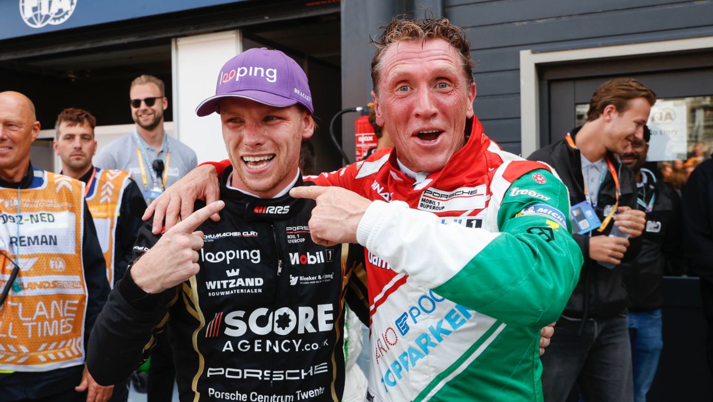 Larry ten Voorde (NL), Schumacher CLRT (#12), Jaap van Lagen (NL), Dinamic Motorsport (#9), Zandvoort, Porsche Mobil 1 Supercup, 2024, Porsche AG