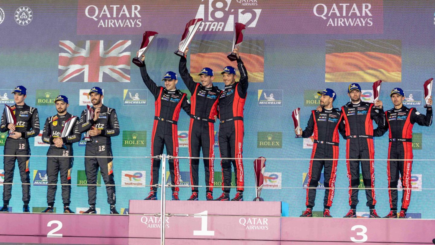 Callum Ilott (GB), Will Stevens (GB), Norman Nato (FRA), Hertz Team Jota - Laurens Vanthoor (BEL), Kevin Estre (FRA), Andre Lotterer (ALE), Porsche Penske Motorsport - Frederic Makowiecki (FRA), Michael Christensen (DIN) y Matt Campbell (Australia), Porsche Penske Motorsport (i-d), 1.812 km de Catar, 2024, Porsche AG